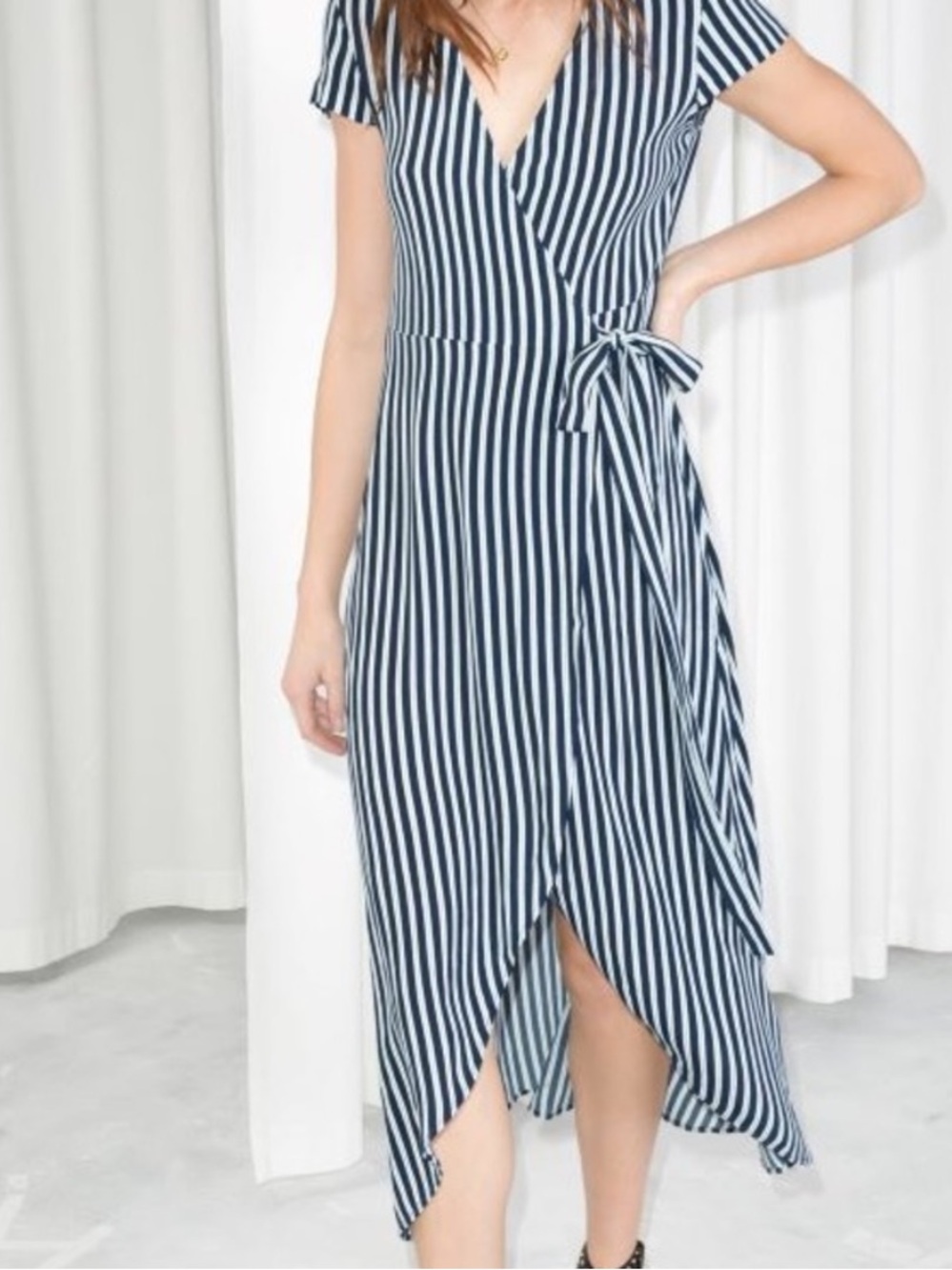 & OTHER STORIES Navy and White Striped Wrap Midi Dress